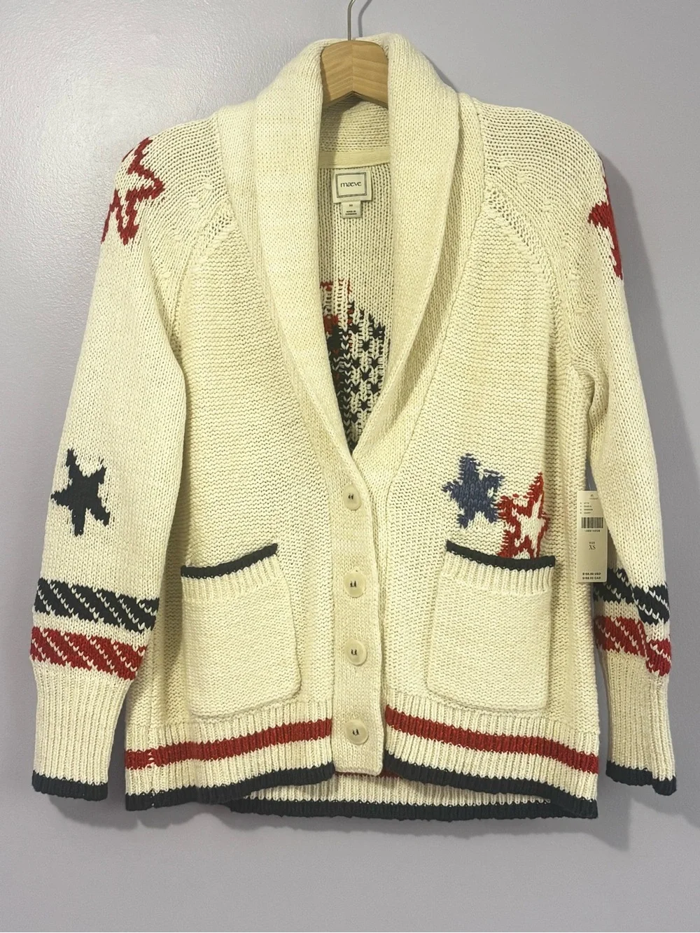 NWT Anthropologie Cream Nautical Sailboat Red & Blue Stars Cozy Cardigan SZ XS - Picture 6 of 16